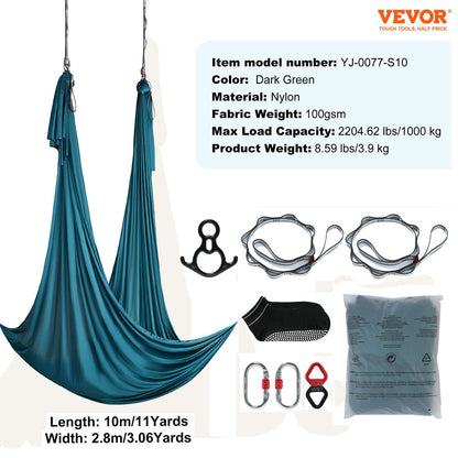 Aerial Silk &amp; Yoga Swing, 11 Yards, Aerial Yoga Hammock Kit med 100gsm nylontyg, komplett riggningshårdvara och enkel installationsguide, antigravitationsflygning för alla nivåer fitness bodybuilding, grön