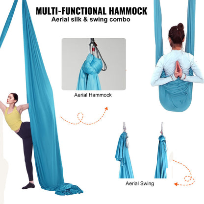 Hängmatta och gunga för luftyoga, 5,5 meter, startpaket för luftyoga med 100 g/m² nylontyg, komplett riggningshårdvara och enkel installationsguide, antigravitationsflygning för alla nivåer, fitness, bodybuilding, blå