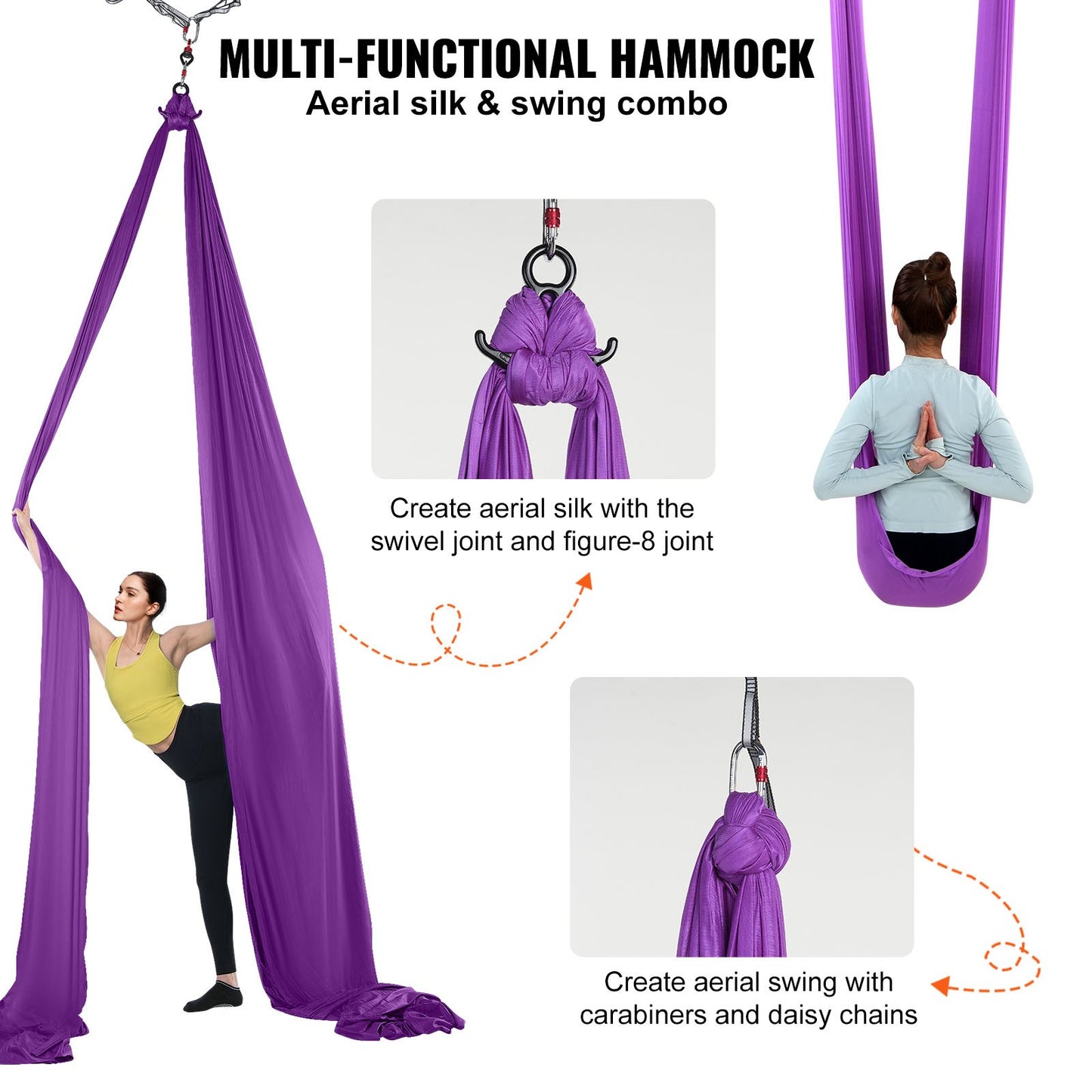 Aerial Silk &amp; Yoga Swing, 8,7 yards, Aerial Yoga Hammock Kit med 100gsm nylontyg, komplett riggningshårdvara och enkel installationsguide, antigravitationsflygning för alla nivåer fitness bodybuilding, lila