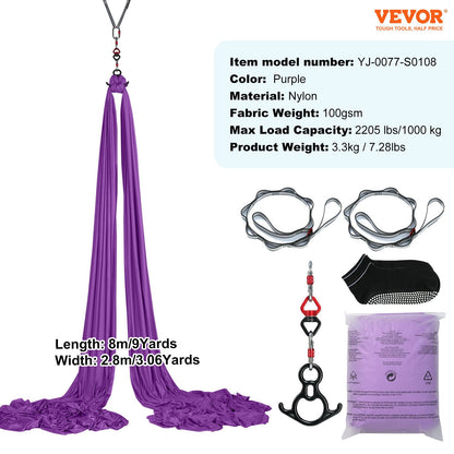 Aerial Silk &amp; Yoga Swing, 8,7 yards, Aerial Yoga Hammock Kit med 100gsm nylontyg, komplett riggningshårdvara och enkel installationsguide, antigravitationsflygning för alla nivåer fitness bodybuilding, lila