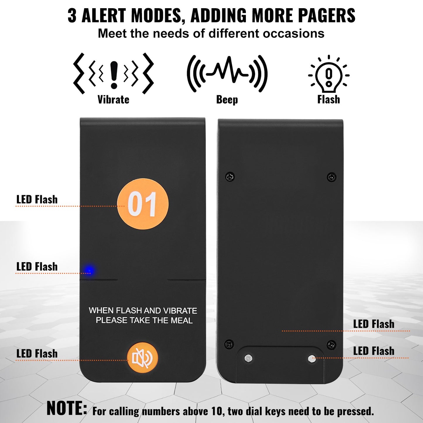 Restaurangpersonsökare, trådlös 500 m lång räckvidd, kundanropssignal med vibration och blinkning, 16 surrsignaler för matvagnar, kyrkor, förskolor, sjukhus