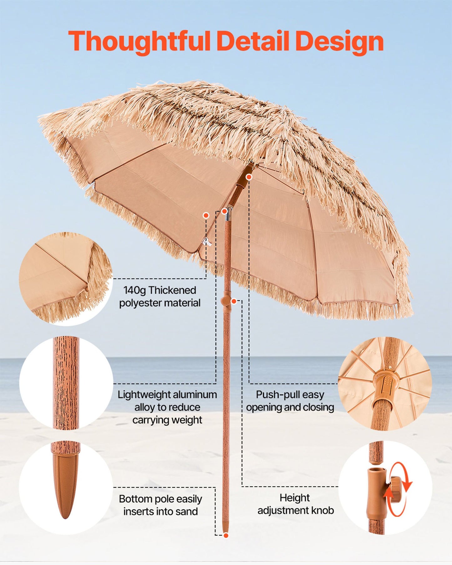 Tiki-parasoll, 6,5 fot halmtaksparasoll med lutning, strandparasoll i hawaiisk stil med hållbart PP-halmtak och 8 metallribbor, gräspoolparasoll för strand, uteplats, pool, bakgård och trädgård