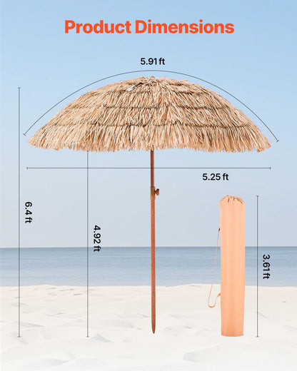 Tiki-parasoll, 1,8 meter stort halmtaksparasoll med lutning, strandparasoll i hawaiisk stil med hållbart PP-halmtak och 8 metallribbor, gräspoolparasoll för strand, uteplats, pool, bakgård och trädgård