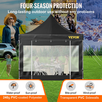 304,8 x 304,8 cm popup-tält med tak, utomhuspaviljongtält med avtagbara sidoväggar och hjulförsedd väska, UV-resistent vattentätt direktpaviljongtält för fest, trädgård, bakgård, svart