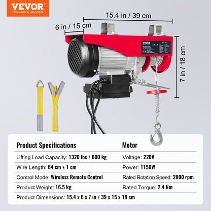 Elektrisk lyftanordning, 598,7 kg lyftkapacitet, 1150W 220V elektrisk stålvajervinsch med trådlös fjärrkontroll, 1219 cm lyfthöjd med enkel vajer och motor, för garage, lager, fabrik