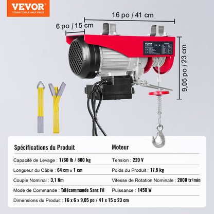 Elektrisk lyftanordning, 798 kg lyftkapacitet, 1450W 220V elektrisk stålvinsch med trådlös fjärrkontroll, 1219 cm lyfthöjd med enkel kabel och motor i ren koppar, för garage, lager, fabrik