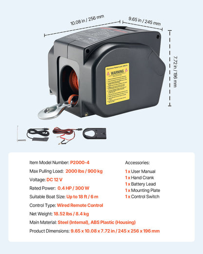 Elektrisk båtvinsch, 12V DC 300W, vändbar elektrisk trailervinsch för båtar upp till 900 kg, inkoppling, urkoppling och frihjulsdrift för båtar med trådbunden fjärrkontroll och handvev