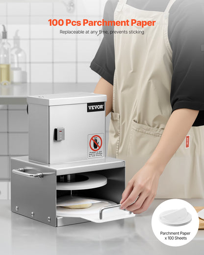 Elektrisk pizzadegpressmaskin, 6-tums pizzadegpressplatta, brödpress i rostfritt stål, kommersiell formningsmaskin med justerbar tjocklek, med 100 st bakplåtspapper