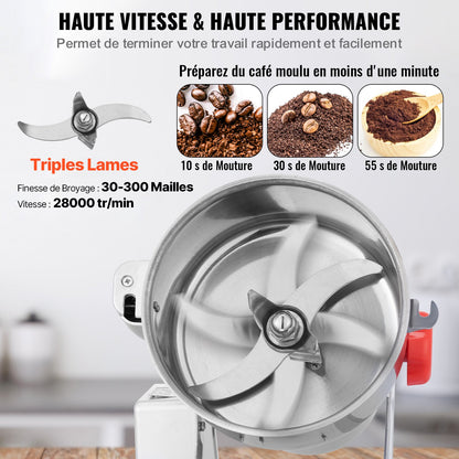 1000g elektrisk spannmålskvarn, höghastighets 3000W kommersiella kryddkvarnar, pulvermaskin i rostfritt stål, för torra spannmål, kryddor, spannmål, kaffe, majs, peppar, svängtyp