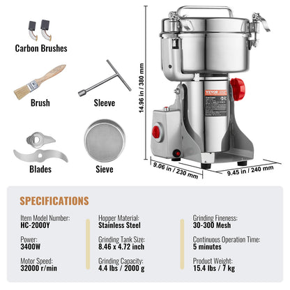 2000g elektrisk spannmålskvarn, höghastighets 3400W kommersiella kryddkvarnar, pulvermaskin i rostfritt stål, för torra spannmål, kryddor, spannmål, kaffe, majs, peppar, svängtyp