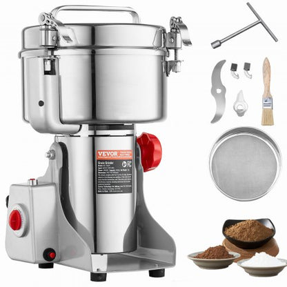 2500g elektrisk spannmålskvarn, höghastighets 3400W kommersiella kryddkvarnar, pulvermaskin i rostfritt stål, för torra spannmål, kryddor, spannmål, kaffe, majs, peppar, svängtyp