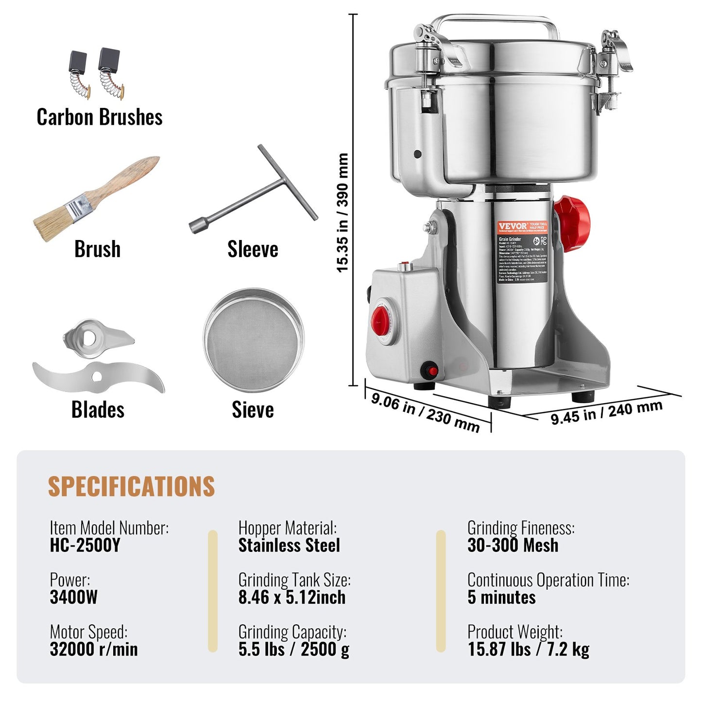 2500g elektrisk spannmålskvarn, höghastighets 3400W kommersiella kryddkvarnar, pulvermaskin i rostfritt stål, för torra spannmål, kryddor, spannmål, kaffe, majs, peppar, svängtyp
