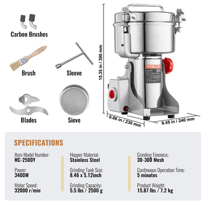 2500g elektrisk spannmålskvarn, höghastighets 3400W kommersiella kryddkvarnar, pulvermaskin i rostfritt stål, för torra spannmål, kryddor, spannmål, kaffe, majs, peppar, svängtyp