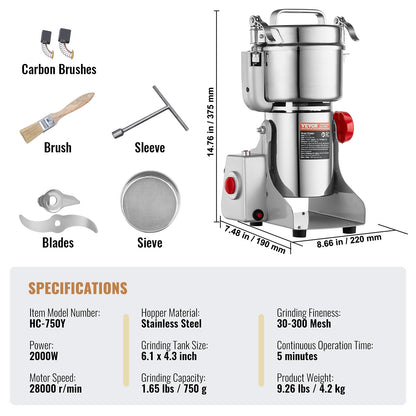 750g elektrisk spannmålskvarn, höghastighets 2000W kommersiella kryddkvarnar, pulvermaskin i rostfritt stål, för torra spannmål, kryddor, spannmål, kaffe, majs, peppar, svängtyp