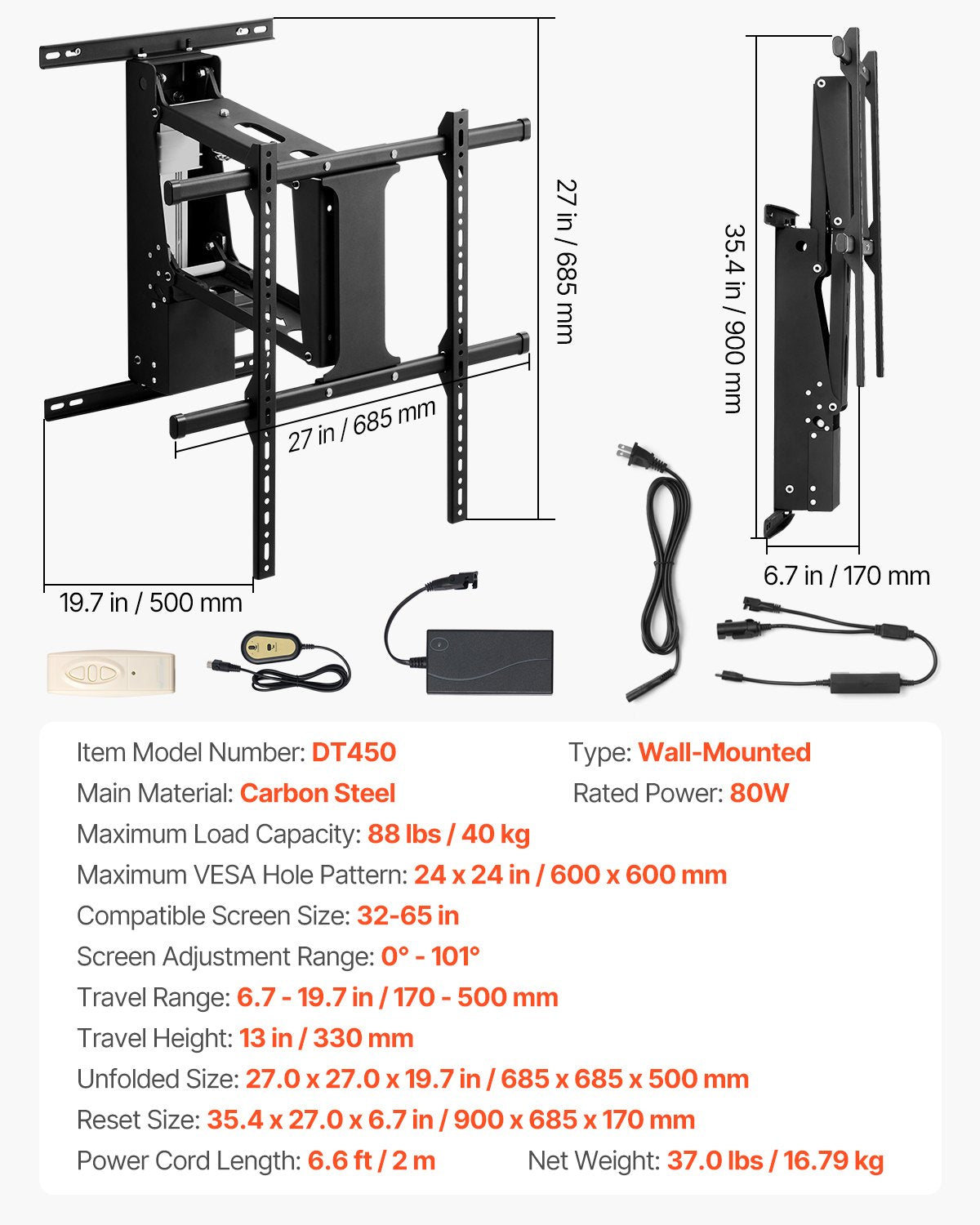 Motoriserat väggfäste för TV, TV-fäste för 32 till 65 tums TV, elektriskt justerbart takfäste för TV, motoriserat nedfällbart TV-fäste med max VESA 24 x 24 tum, passar TV-apparater upp till 36 kg
