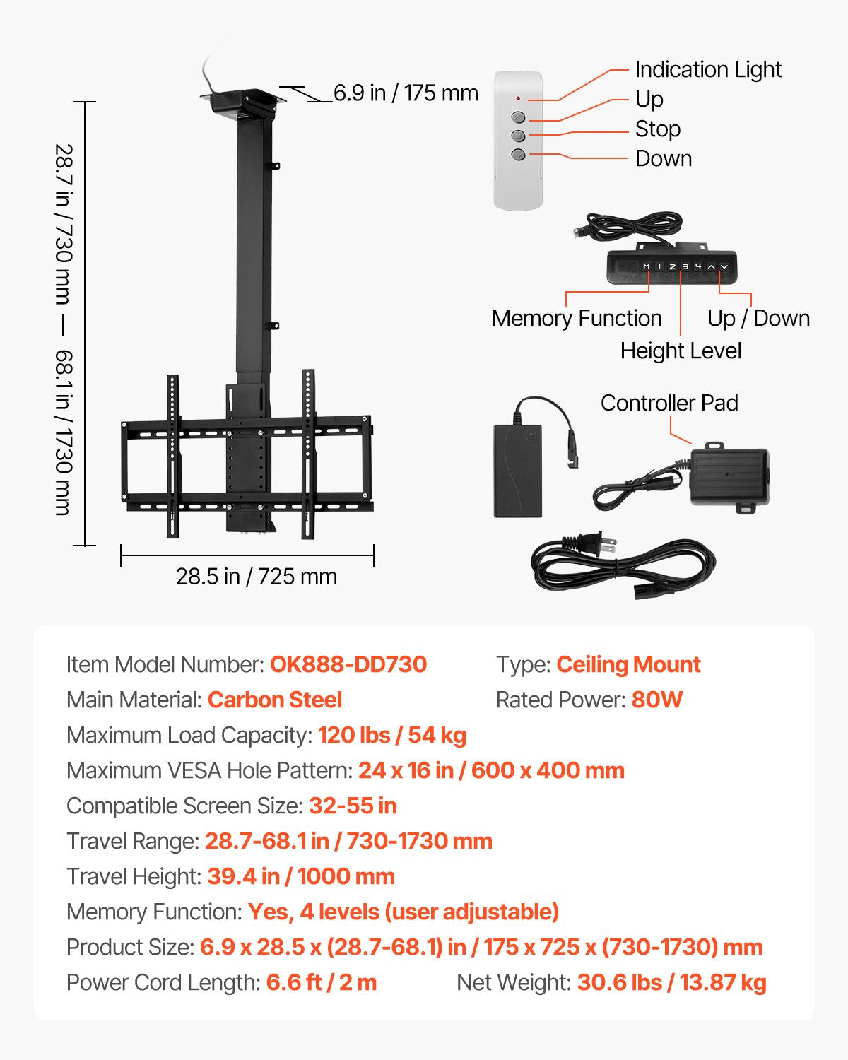 Motoriserat takmonterad TV-fäste, TV-väggfäste för 32 till 55 tums TV, Elektriskt justerbart takmonterad TV-fäste, Motoriserat nedfällbart TV-fäste med max VESA 24 x 16 tum, Passar TV-apparater upp till 120 lbs
