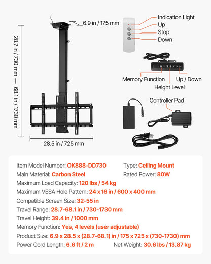 Motoriserat takmonterad TV-fäste, TV-väggfäste för 32 till 55 tums TV, Elektriskt justerbart takmonterad TV-fäste, Motoriserat nedfällbart TV-fäste med max VESA 24 x 16 tum, Passar TV-apparater upp till 120 lbs
