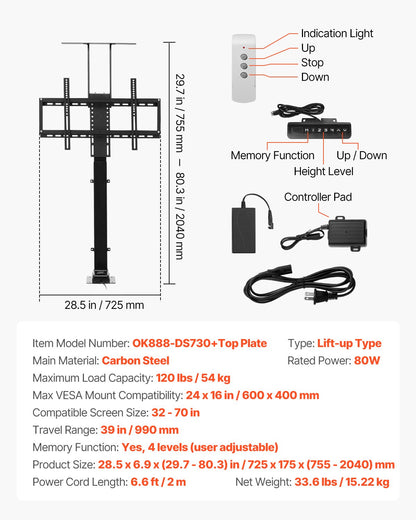 Motoriserat TV-lyftstativ, 32-70 tum, maxlast 120 lbs, golvmontering, stöder de flesta VESA-mönster, perfekt för kontor, vardagsrum med mera