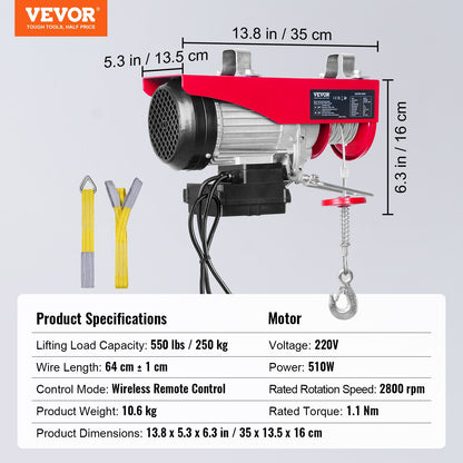 Elektrisk lyftanordning, 249,5 kg lyftkapacitet, 510W 220V elektrisk stålvinsch med trådlös fjärrkontroll, 1219 cm lyfthöjd med enkel kabel och motor i ren koppar, för garage, lager och fabrik