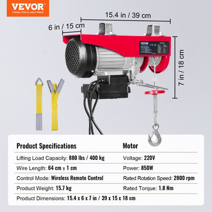 Elektrisk lyftanordning, 399,2 kg lyftkapacitet, 850W 220V elektrisk stålvajervinsch med trådlös fjärrkontroll, 1219 cm lyfthöjd med enkel kabel och motor i ren koppar, för garage, lager och fabrik