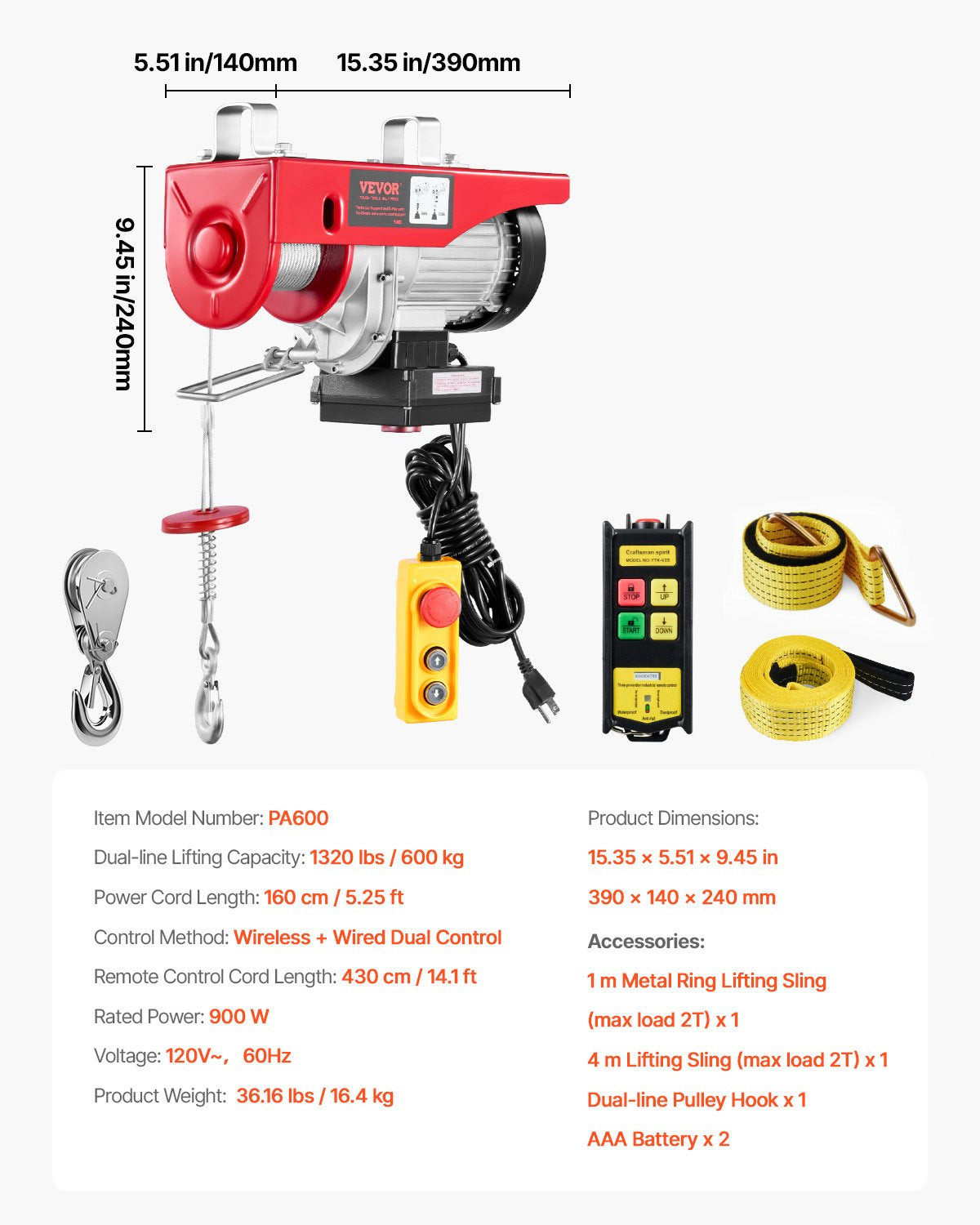 Elektrisk lyftkranvinsch 598,7 kg 9997,4 cm trådlös och 426,7 cm trådbunden fjärrkontroll
