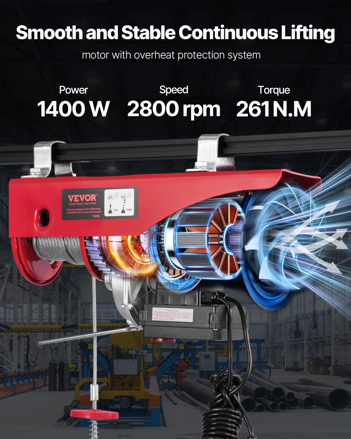 Elektrisk lyftkranvinsch 997,9 kg 9997,4 cm trådlös och 426,7 cm trådbunden fjärrkontroll