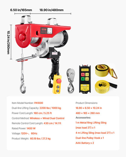 Elektrisk lyftkranvinsch 997,9 kg 9997,4 cm trådlös och 426,7 cm trådbunden fjärrkontroll