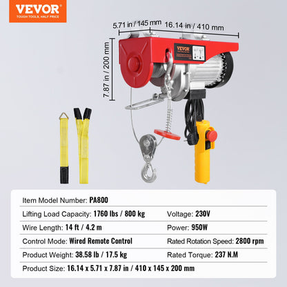 Elektrisk lyftkranvinsch 798,3 kg med 426,7 cm trådbunden fjärrkontroll 230V