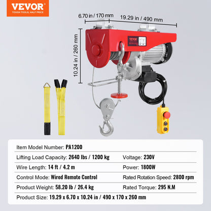 Elektrisk lyftkranvinsch 1197,5 kg med 426,7 cm trådbunden fjärrkontroll 230V