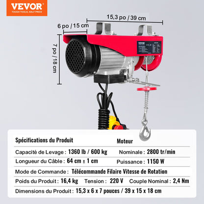 Elektrisk lyftanordning, 598,7 kg lyftkapacitet, 1150 W 220 V elektrisk stålvajervinsch med 427 cm trådbunden fjärrkontroll, 1219 cm lyfthöjd med en kabel och motor i ren koppar, för garage, lager, fabrik