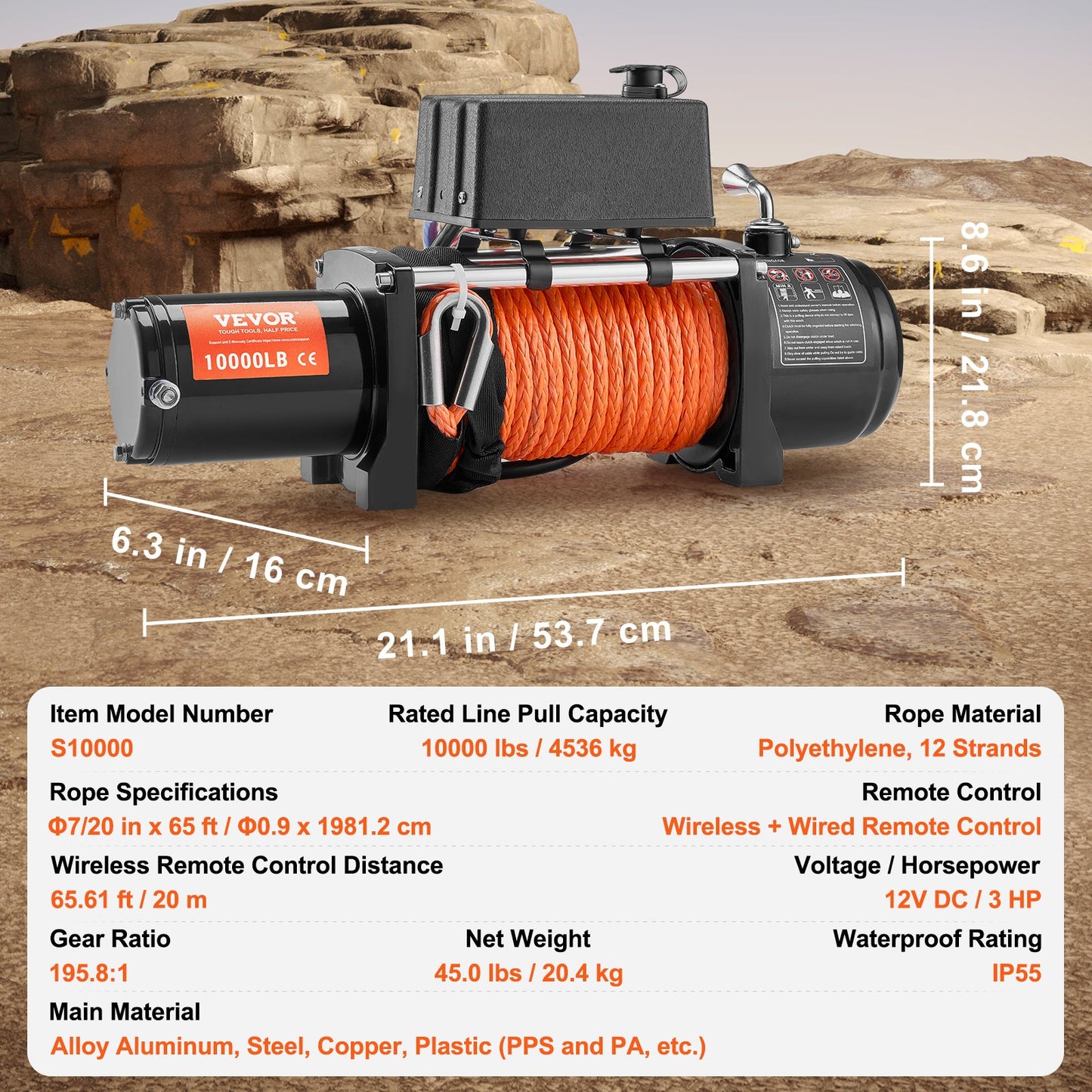 Elektrisk vinschtruck 4535,9 kg syntetiskt rep vattentät fjärrkontroll