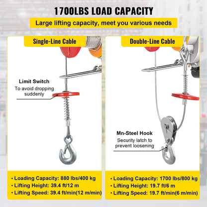 800Kg/1700Lbs Electric Trolley Hoist 1300W Electric Hoist Winch Double 12M/40Ft , Electric Hoist Electric Forklift Steel Pallet Holder Lever Garage Hoist