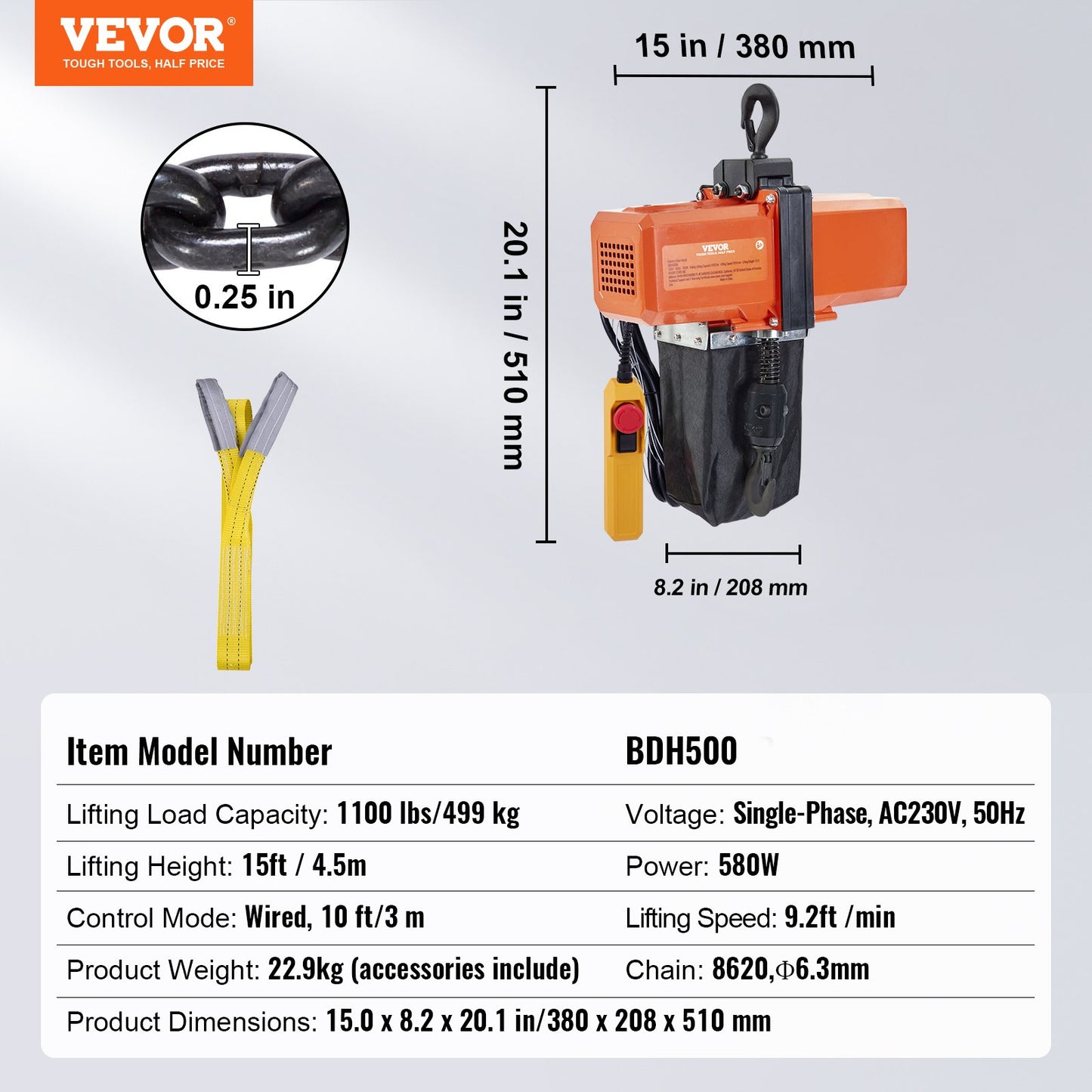 Elektrisk kättingtelfer Enfas krantelfer 499 kg last 457,2 cm lyft
