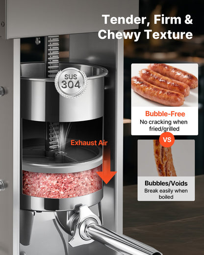 Elektrisk korvfyllare, 15 l vertikal köttfyllare, steglös hastighetskontroll och fotpedal, kraftig korvfyllare i rostfritt stål med 4 fyllningsrör, för kommersiellt och hemmabruk