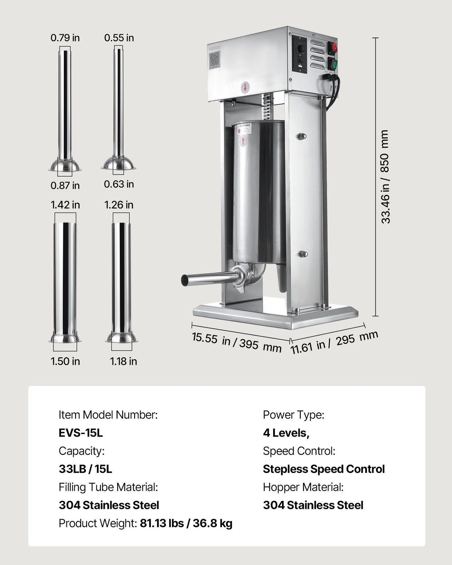 Elektrisk korvfyllare, 15 l vertikal köttfyllare, steglös hastighetskontroll och fotpedal, kraftig korvfyllare i rostfritt stål med 4 fyllningsrör, för kommersiellt och hemmabruk