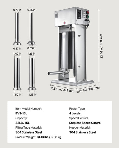 Elektrisk korvfyllare, 15 l vertikal köttfyllare, steglös hastighetskontroll och fotpedal, kraftig korvfyllare i rostfritt stål med 4 fyllningsrör, för kommersiellt och hemmabruk