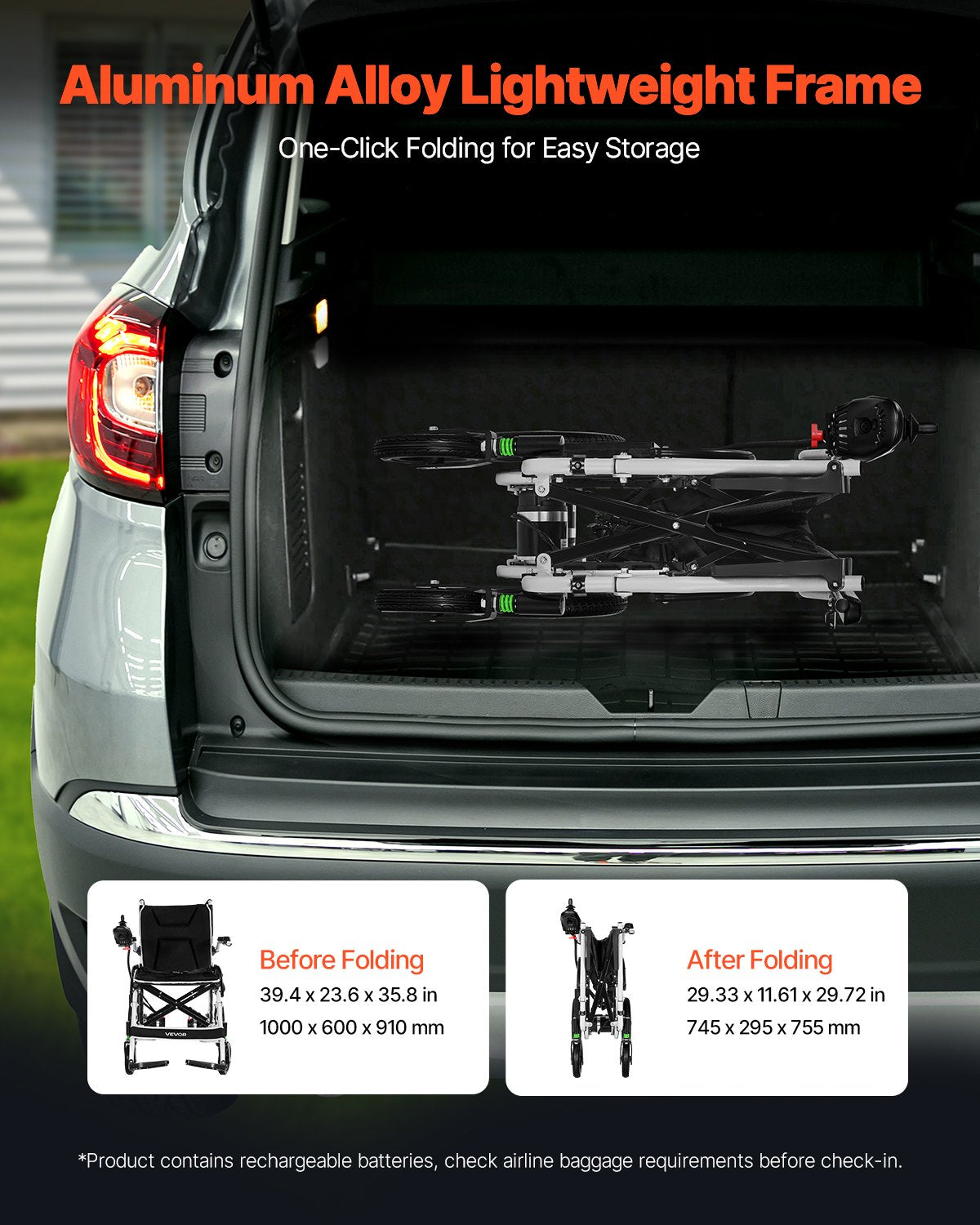 Elektrisk rullstol för vuxna, 100 kg kapacitet, hopfällbar och lätt motoriserad rullstol, 19,3 km lång räckvidd, terrängdriven stol, bärbar för seniorer och funktionshindrade