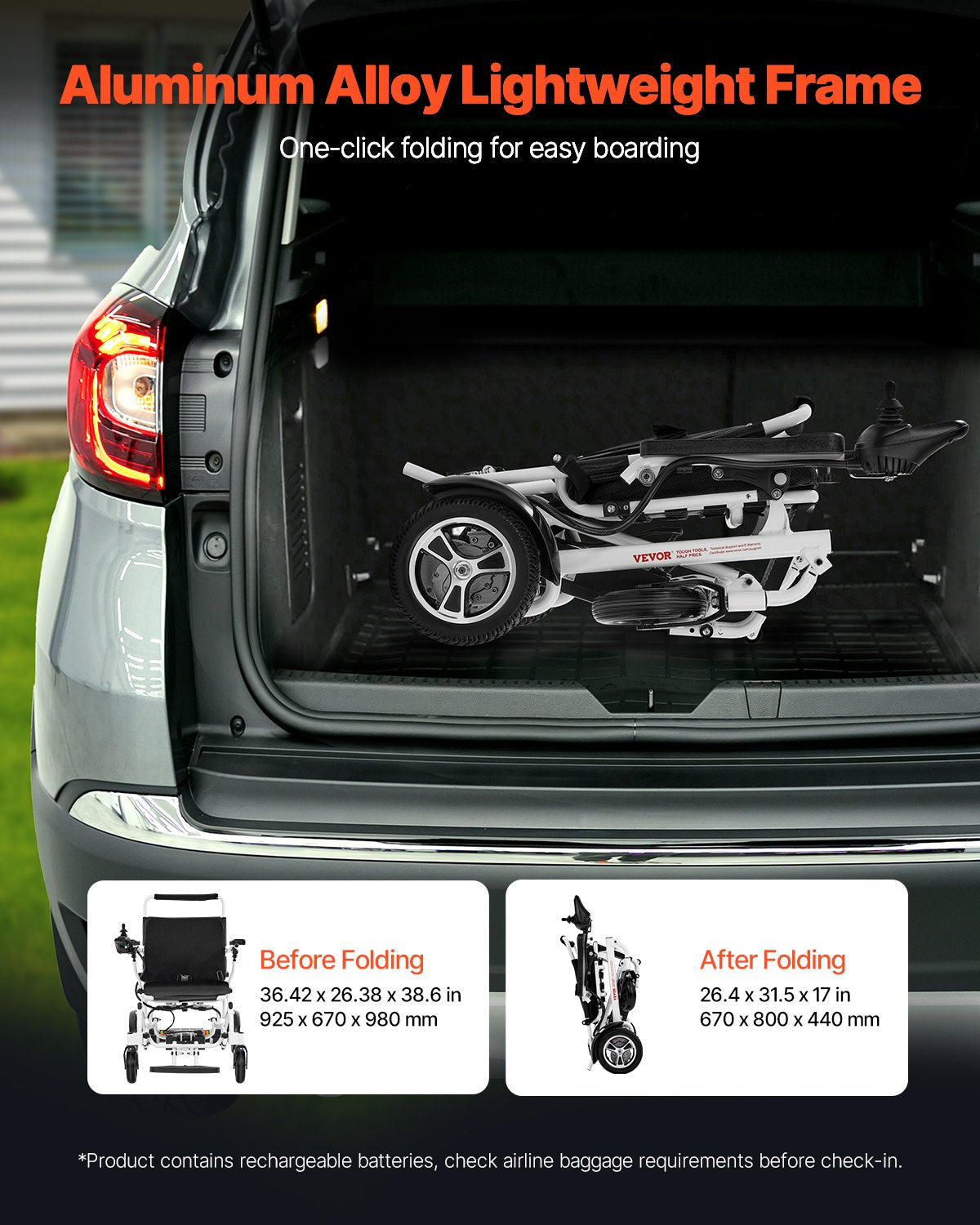 Elektrisk rullstol för vuxna, 136 kg kapacitet, hopfällbar och lätt motoriserad rullstol, 21 km lång räckvidd, terrängdriven stol, bärbar 53 cm sits för seniorer och funktionshindrade