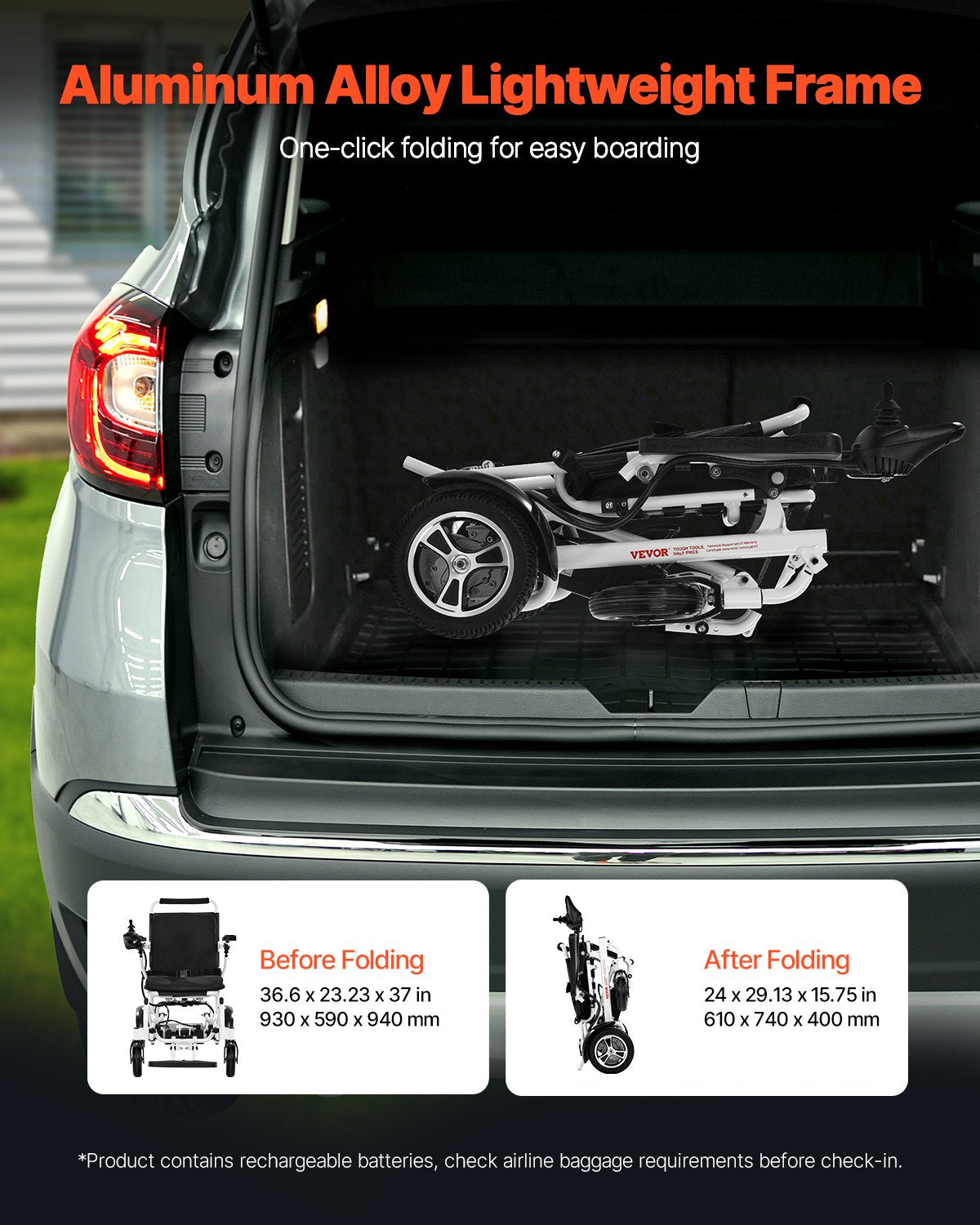 Elektrisk rullstol för vuxna, 136 kg kapacitet, hopfällbar och lätt motoriserad rullstol, 21 km lång räckvidd, terrängdriven stol, bärbar för seniorer och funktionshindrade