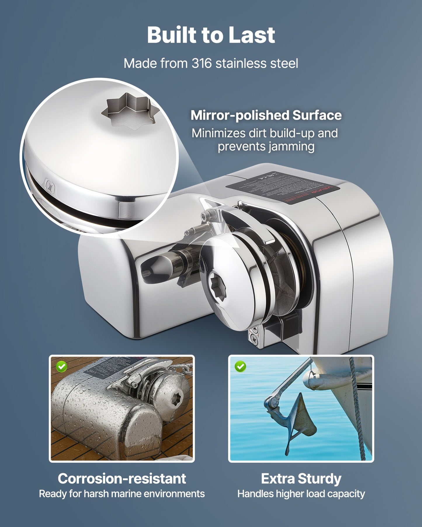 Horisontellt fiskespel, 12V DC 600W, Ankarsystem för ankarspel, lämpligt för 6,35 mm kätting eller 14,3 och 15,9 mm nylonrep, max dragkraft 260 kg, konstruktion i 316 rostfritt stål, för båtar 7-9 m