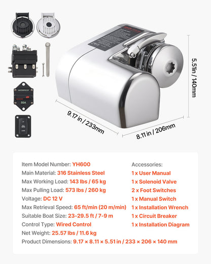 Horisontellt fiskespel, 12V DC 600W, Ankarsystem för ankarspel, lämpligt för 6,35 mm kätting eller 14,3 och 15,9 mm nylonrep, max dragkraft 260 kg, konstruktion i 316 rostfritt stål, för båtar 7-9 m