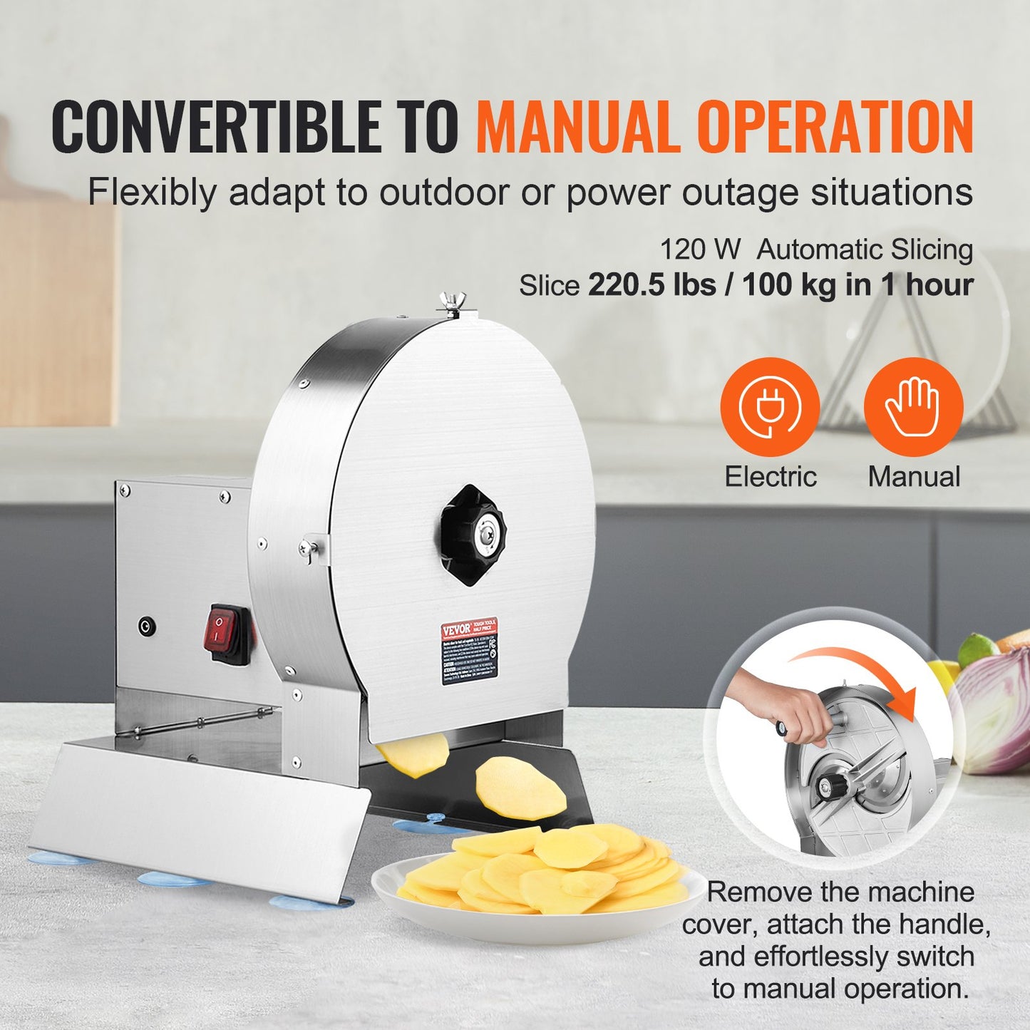 Elektrisk grönsaksskärare, 0-0,5"/0-12 mm tjocklek justerbar kommersiell skärmaskin, omvandlingsbar till manuell, rostfri stålmatskärare, för potatis, citron, tomat, äpple