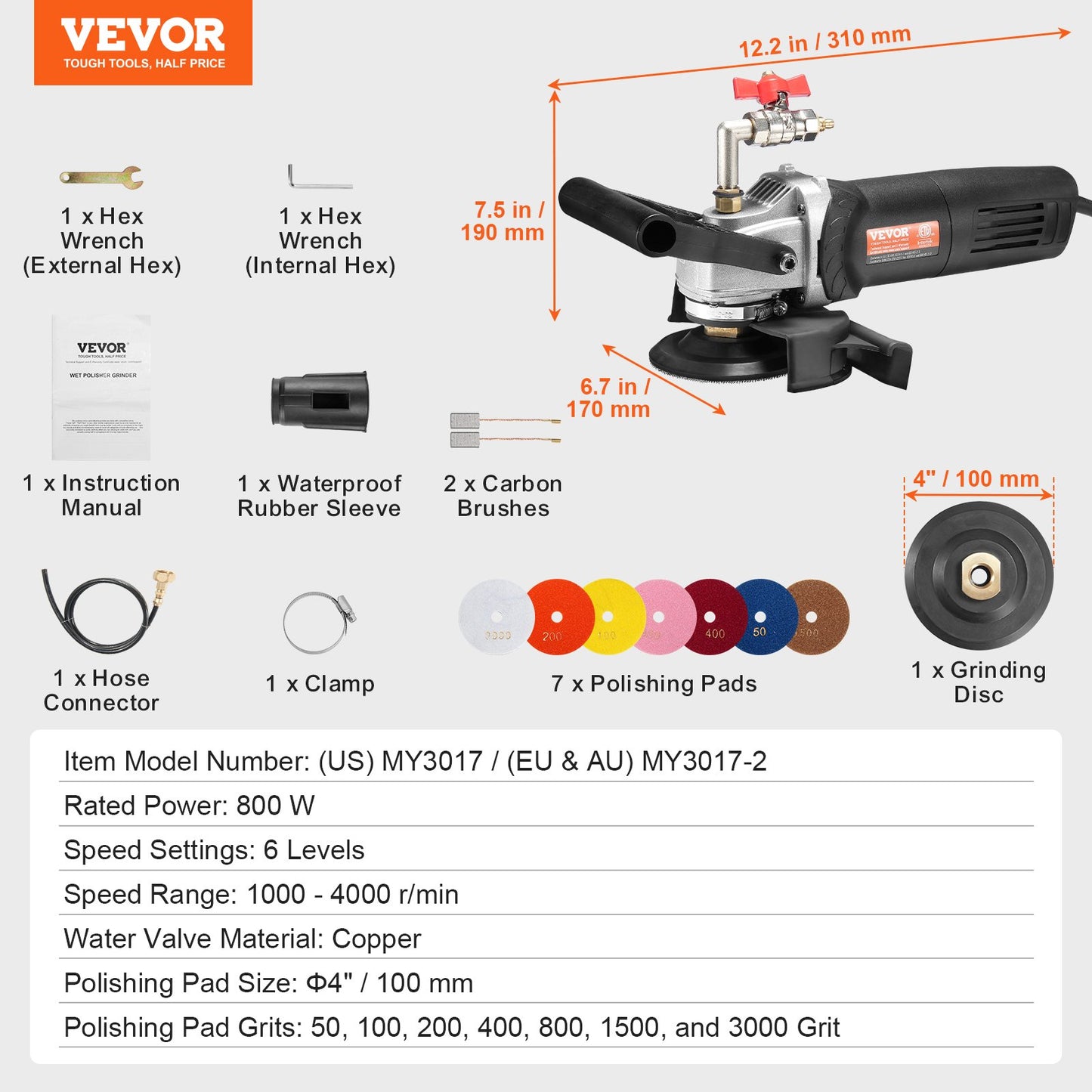 Våtpolerare 800W, 4" betongslip med 6 variabla hastigheter och 7 poleringskit, våtslipmaskin för marmor, granit, sten, kakel, utrustad med jordfelsbrytare, (1000 - 4000 varv/min)