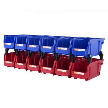 Plastförvaringslåda, (28 x 13 x 13 cm), hängande stapelbar förvaringslåda, blå/röd, 12-pack, kraftiga stapelbara behållare för garderober, kök, kontor eller skafferi