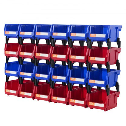 Plastförvaringslåda, (13 x 10 x 7,5 cm), hängande stapelbar förvaringslåda, blå/röd, 24-pack, kraftiga stapelbara behållare för garderober, kök, kontor eller skafferi