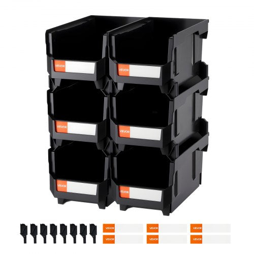 Stapelbara förvaringslådor i plast, 37,7 x 21,5 x 18 cm (6-pack), plastbehållare för organisering och förvaringslådor för garderober, garage, smådelar, kontorsmaterial och andra tillbehör, svart