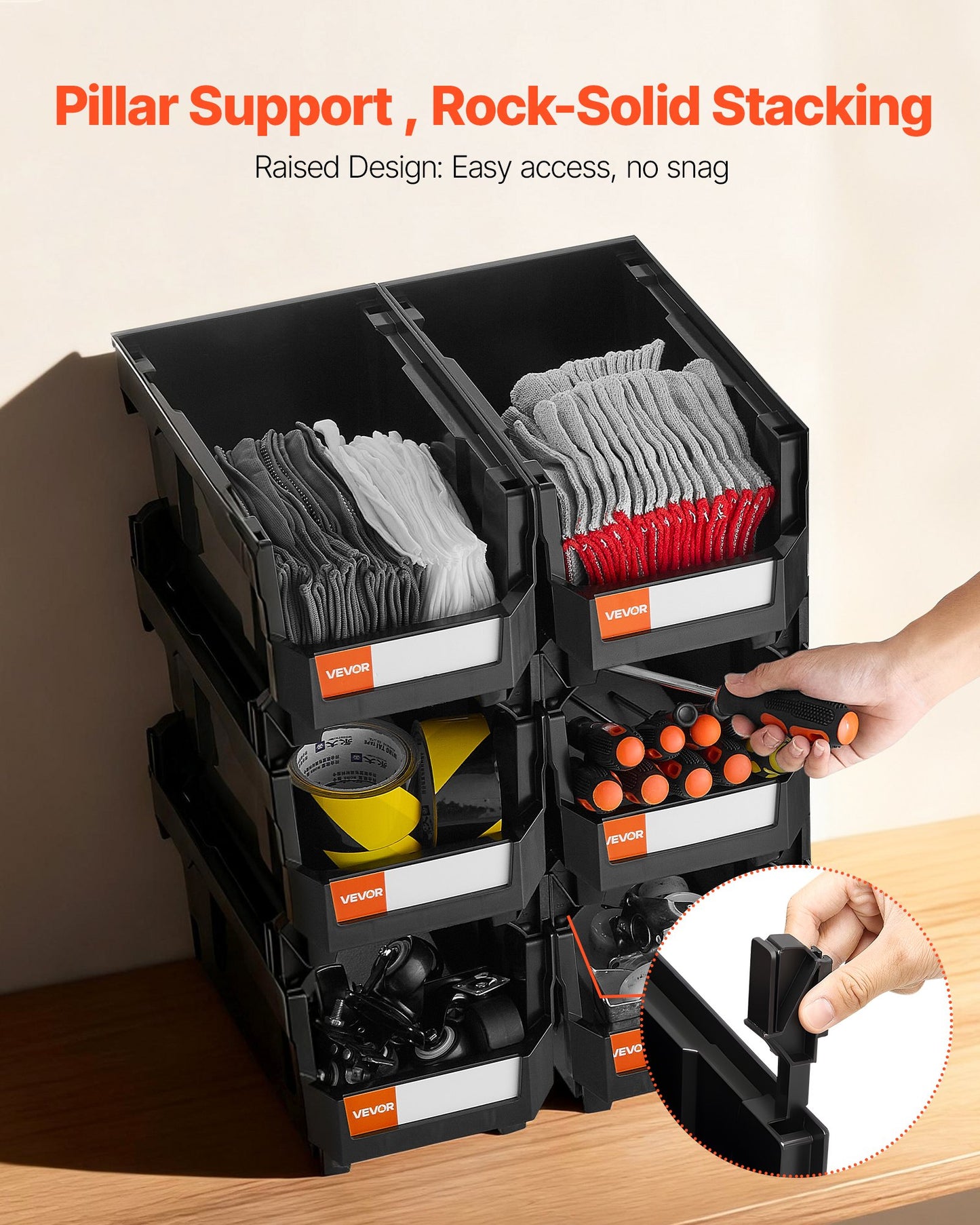 Stapelbara förvaringslådor i plast, 37,7 x 21,5 x 18 cm (6-pack), plastbehållare för organisering och förvaringslådor för garderober, garage, smådelar, kontorsmaterial och andra tillbehör, svart