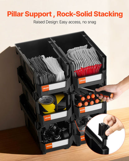 Stapelbara förvaringslådor i plast, 37,7 x 21,5 x 18 cm (6-pack), plastbehållare för organisering och förvaringslådor för garderober, garage, smådelar, kontorsmaterial och andra tillbehör, svart