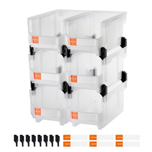 Stapelbara förvaringslådor i plast, 37,7 x 21,5 x 18 cm (6-pack), plastbehållare för organisering och förvaring av garderober, garage, smådelar, kontorsmaterial, andra tillbehör, transparent