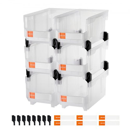 Stapelbara förvaringslådor i plast, 37,7 x 21,5 x 18 cm (6-pack), plastbehållare för organisering och förvaring av garderober, garage, smådelar, kontorsmaterial, andra tillbehör, transparent